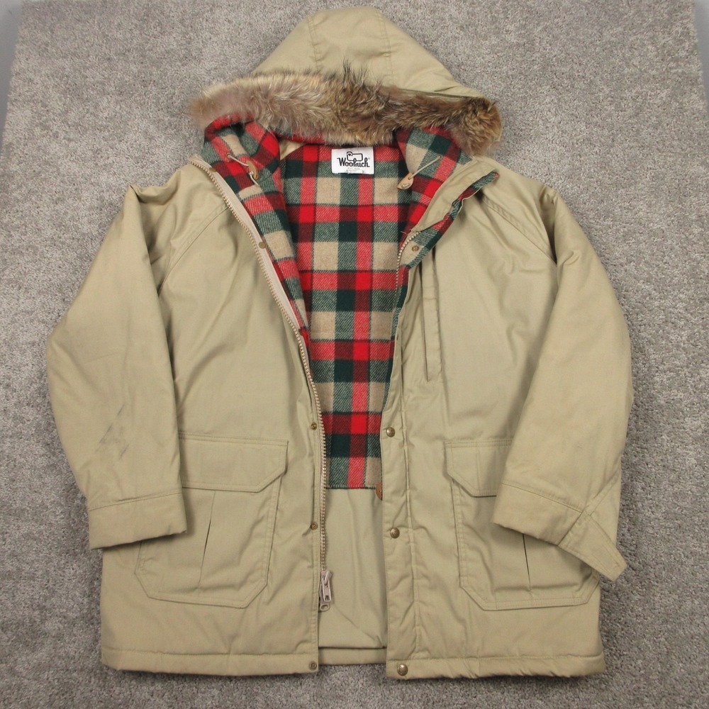 Vintage Woolrich Jacket Mens XL Beige Parka Wool Lined Made In US Coyote Trim